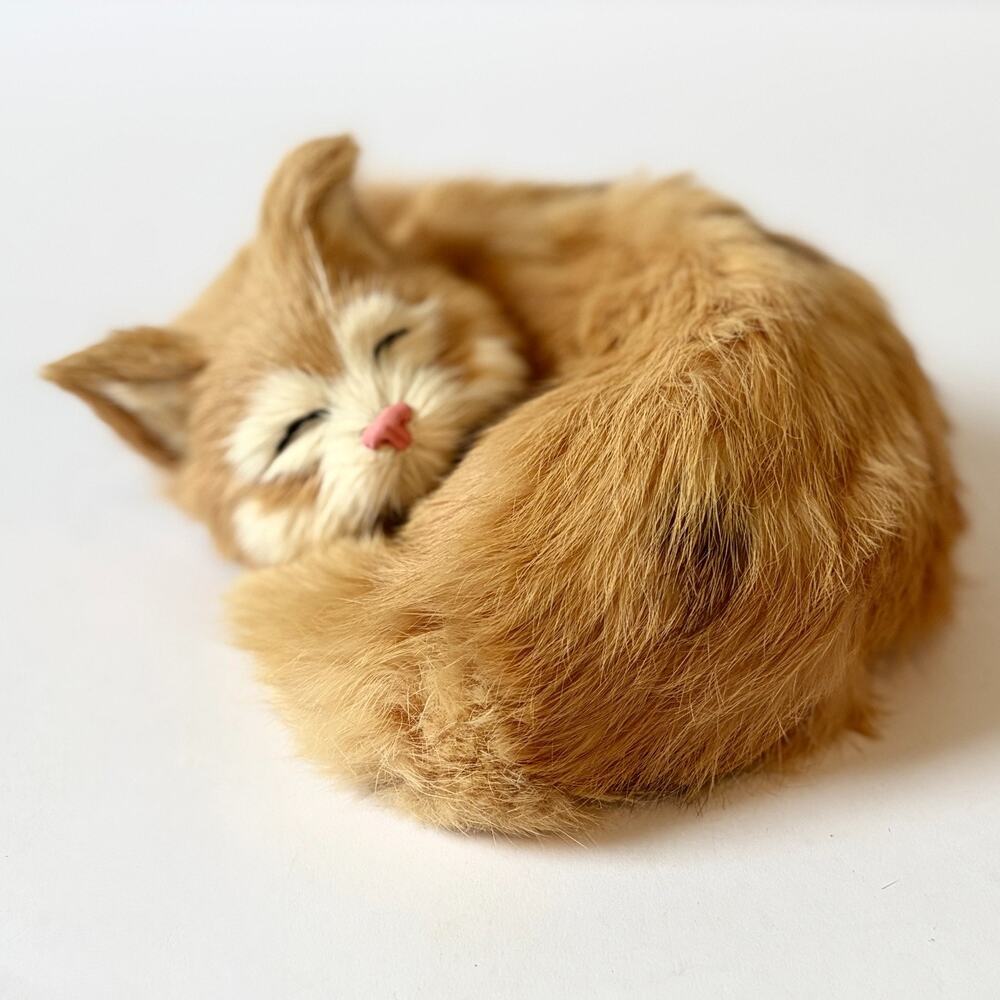 Sleeping Cat Figurine Real Rabbit Fur Orange Kitten 6in Vintage Japan Decor